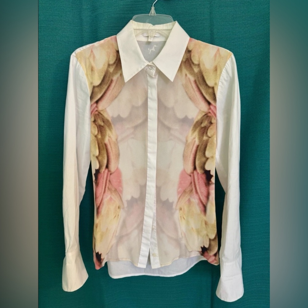 Escada White Print Button Down Blouse - image 1